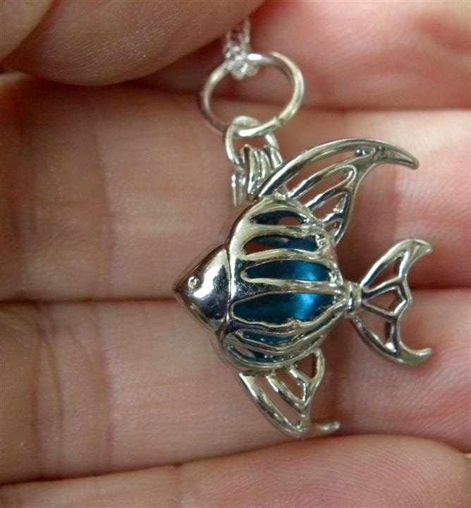 Turquoise Sea Glass Fish Shaped Locket pendant Sterling Silver Necklace 