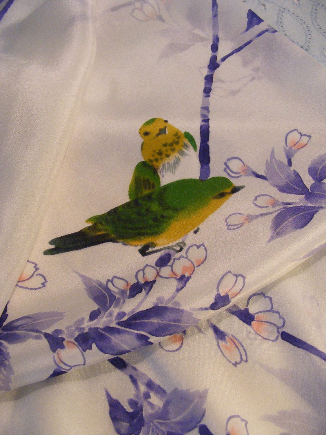 Vintage Sheer Watery Silk BIRD Scarf , Japan - White, Blue, Green - 31"