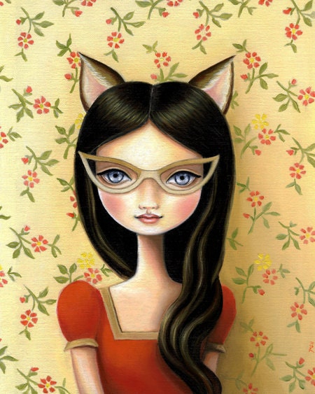 Library Masquerade print on premium matte - Kitty cat bandit art, pop surrealism by Marisol Spoon