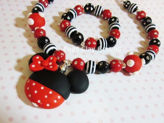 Polymer clay Girly Girl Minnie Mouse Necklace Red Hot pink and black.