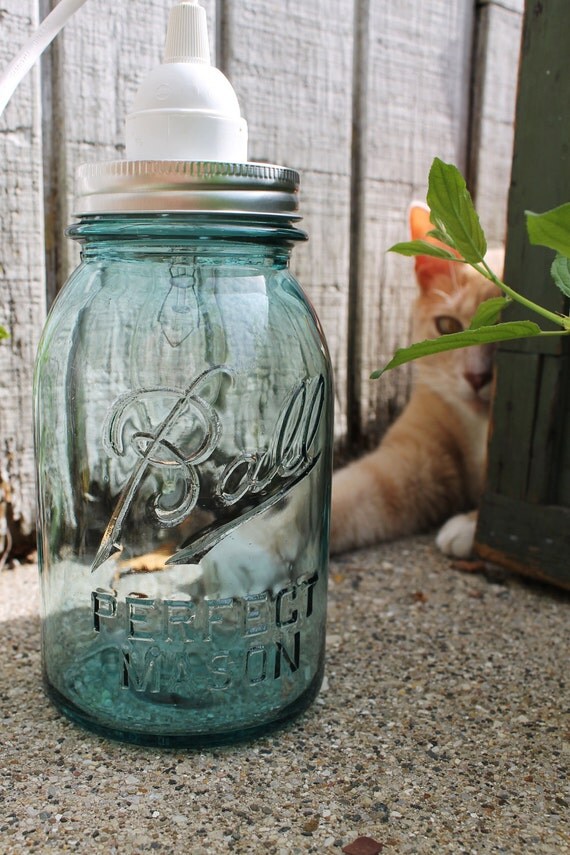 SAPPHIRE Sea Blue Glass Ball Mason Jar Hanging Pendant Lighting Fixture - Upcycled BootsNGus Vintage Glassware Design