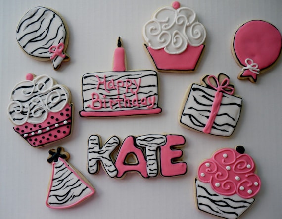 Hot Pink and Black and White Zebra Birthday Cookies Party Hat Cupcake Gift Balloon Personalized