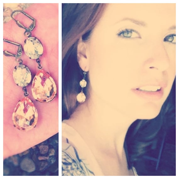 Vintage Rhinestone Earrings, Bride, Wedding, Antiqued Brass, Peach Pink Bridal Earrings, Jewelry by rewelliott on Etsy
