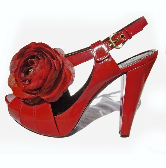 Upcycled, 5" Red Patent Leather High Heels, Silk Flower Embellishment, 1" Platform, Size 10