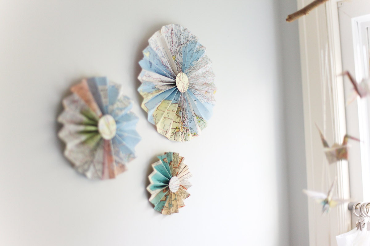 Paper Pinwheel Fans -Set of 3 Atlas Pinwheel Fans- Made from Vintage Atlas Paper