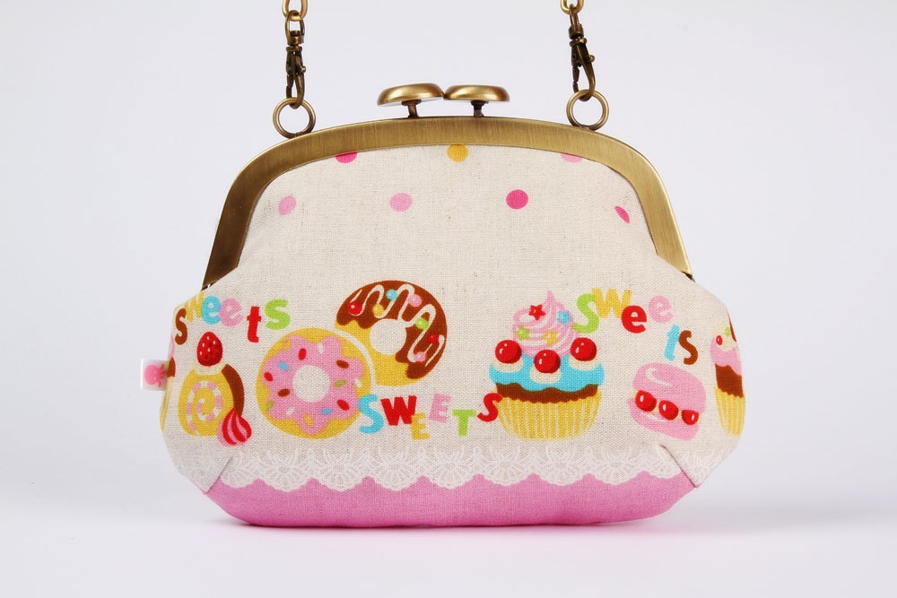 Mushroom purse - Yummy sweets in pink - metal frame purse with shoulder strap