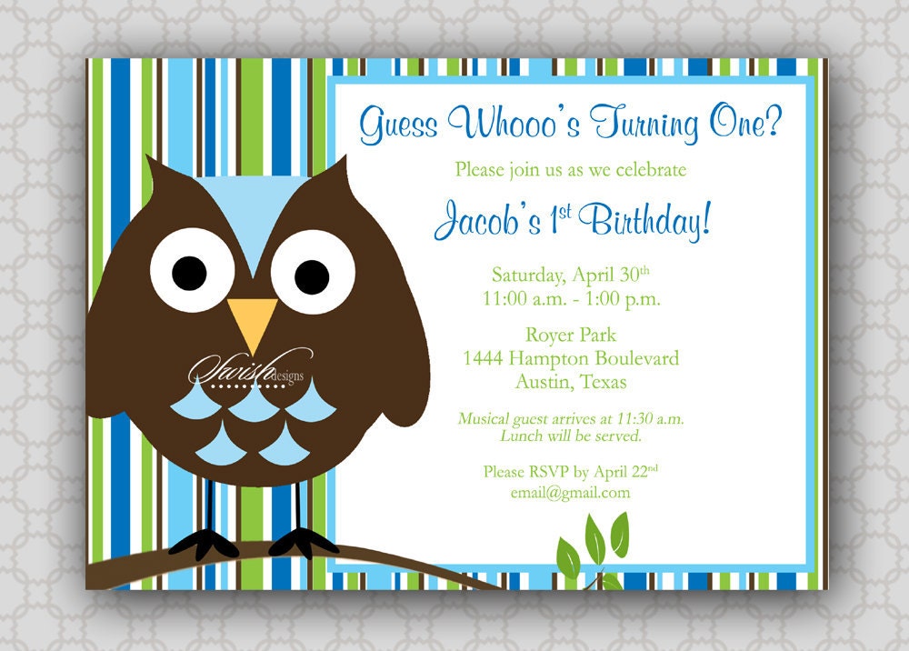 First Birthday - Owl Birthday Invitation - Look Whoo's Turning One - Stripes - boy- printable invitations