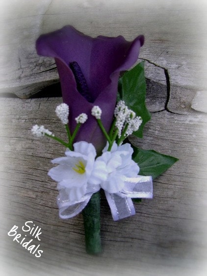 Purple Calla Lily Boutonniere bridal Groom groomsmen wedding flowers