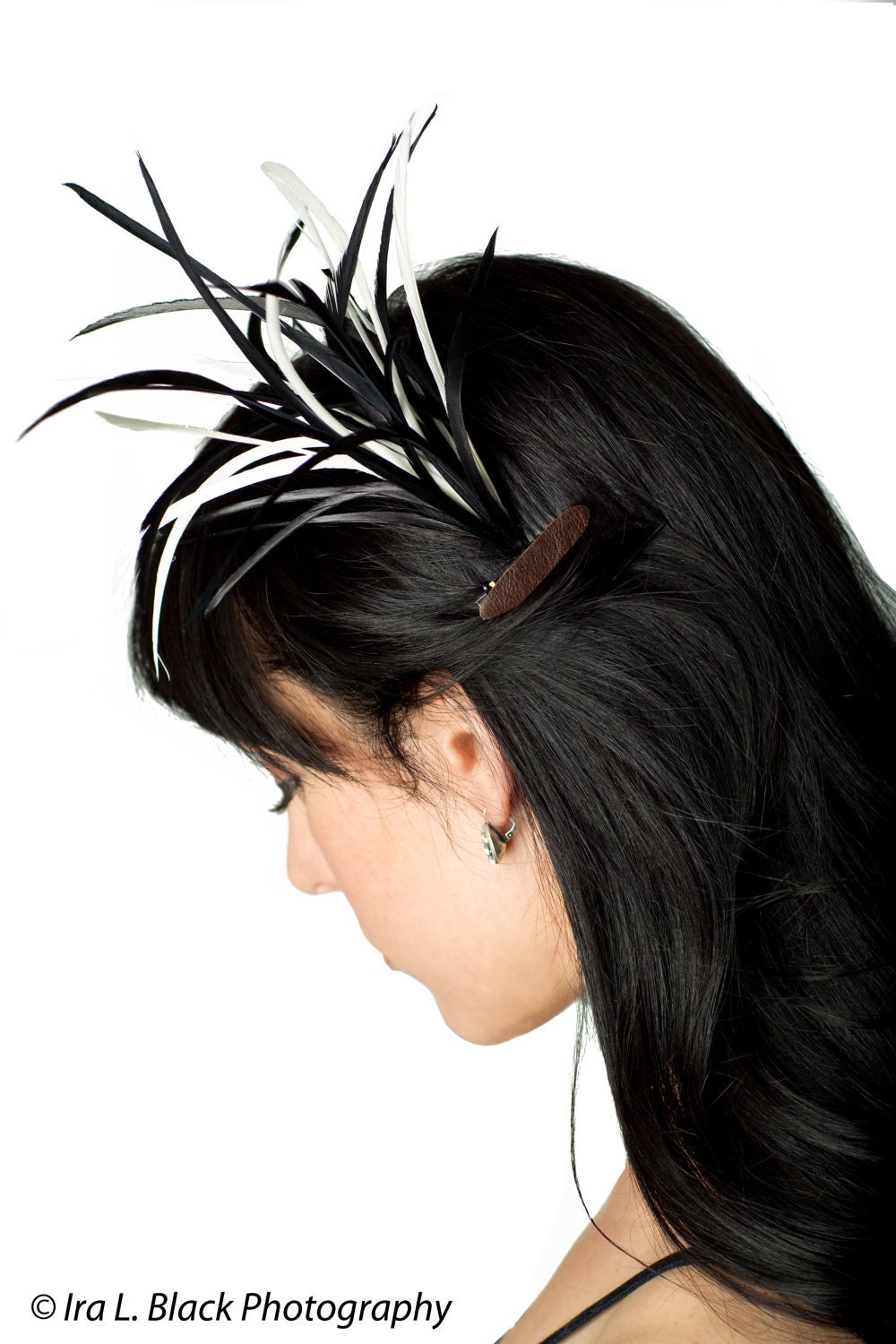 Black and White Goose Feather Hair Clip With Leather Accents Hair Accessory
