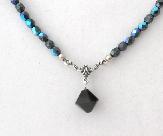 Czech Glass Beaded Necklace - Iridescent Black Beads, Filigree