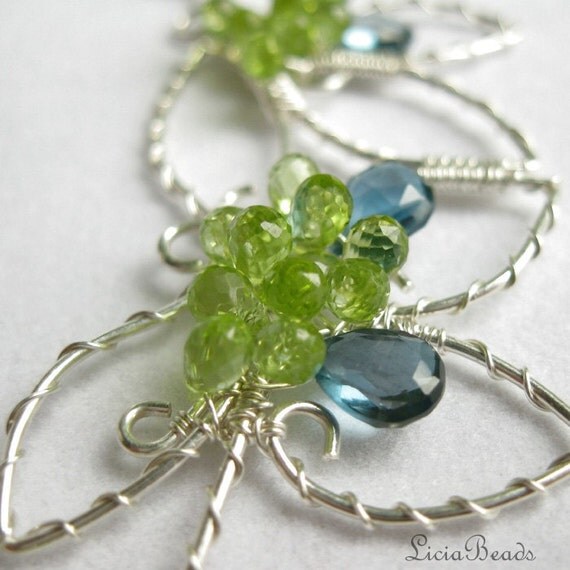 London Garden - London Blue Topaz, Peridot and sterling silver wirewrapped necklace