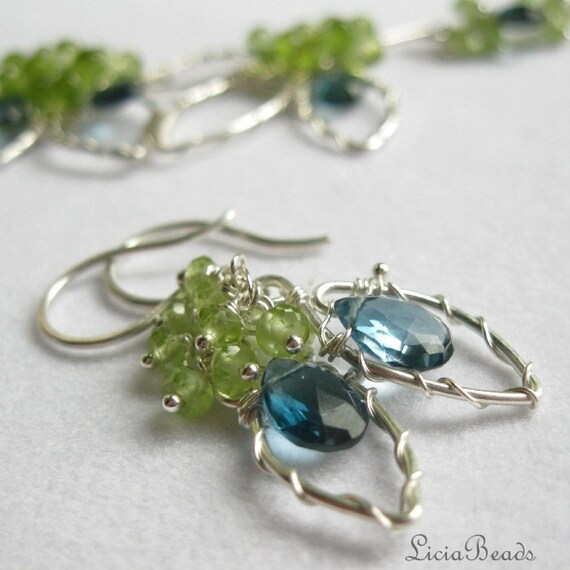London Garden - London Blue Topaz, Peridot and sterling silver wirewrapped necklace