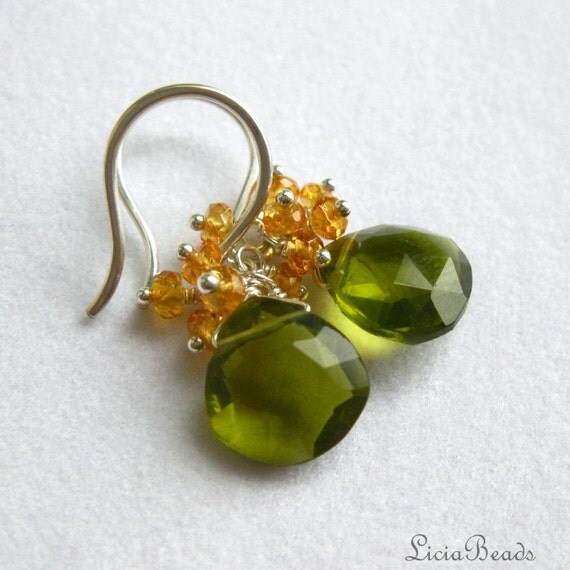 Mandarin Martini - Spessartite Garnet and Olive Quartz cluster earrings