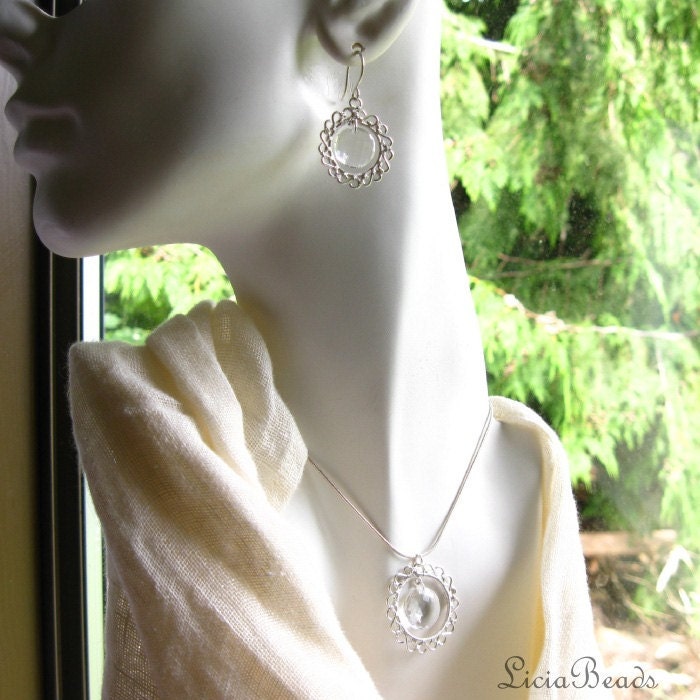 Cordelia - Quartz Crystal coin briolette with sterling wire wrapped lace circle pendant, sterling silver necklace