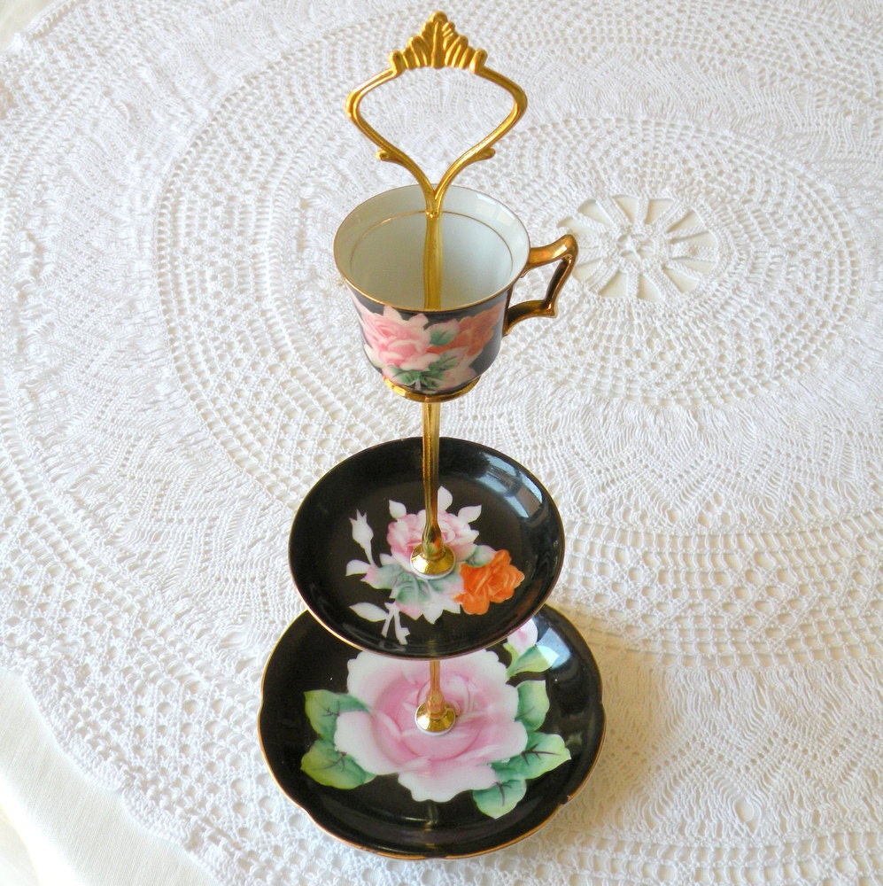 Alice Finds an Orange Rose, Vintage China Jewelry Stand Display in 3 Black Japanese Tiers -- FREE SHIPPING