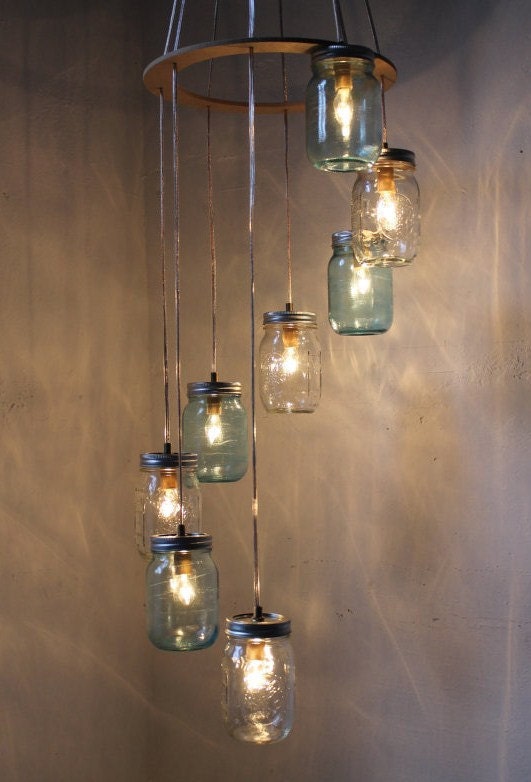 Mason Jar Lighting Mason Jar Chandelier Mason Jar Lamps Hanging Light - Eco Friendly Wedding Blue and Clear-Original BootsNGus Design
