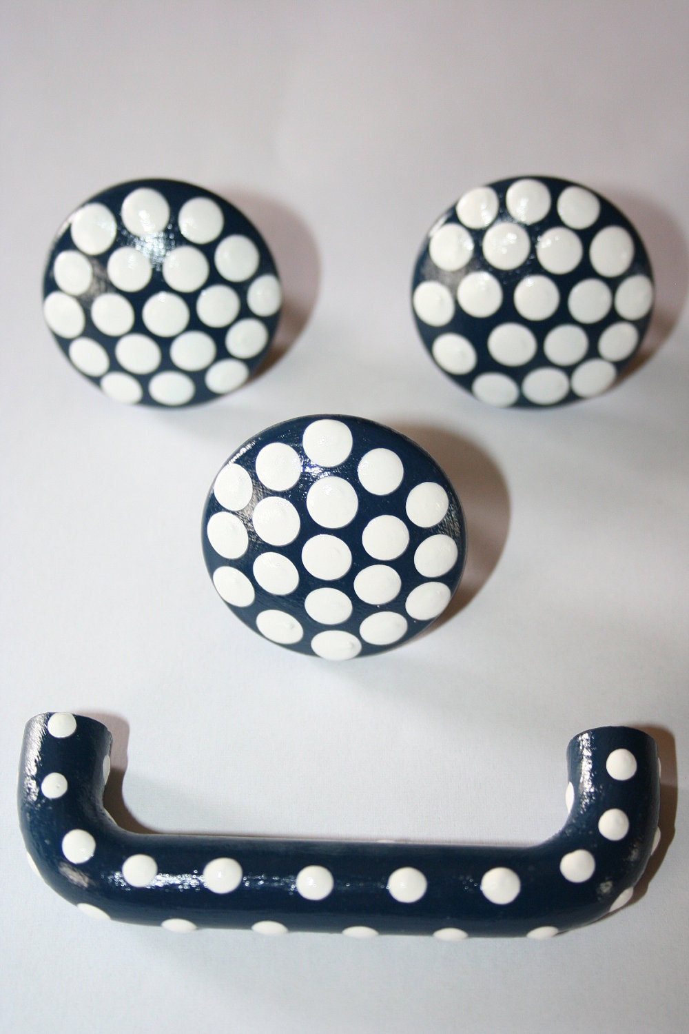 3" Navy Blue with White Polka Dot  Pull Handle-Matching Knobs and Nail Covers Available