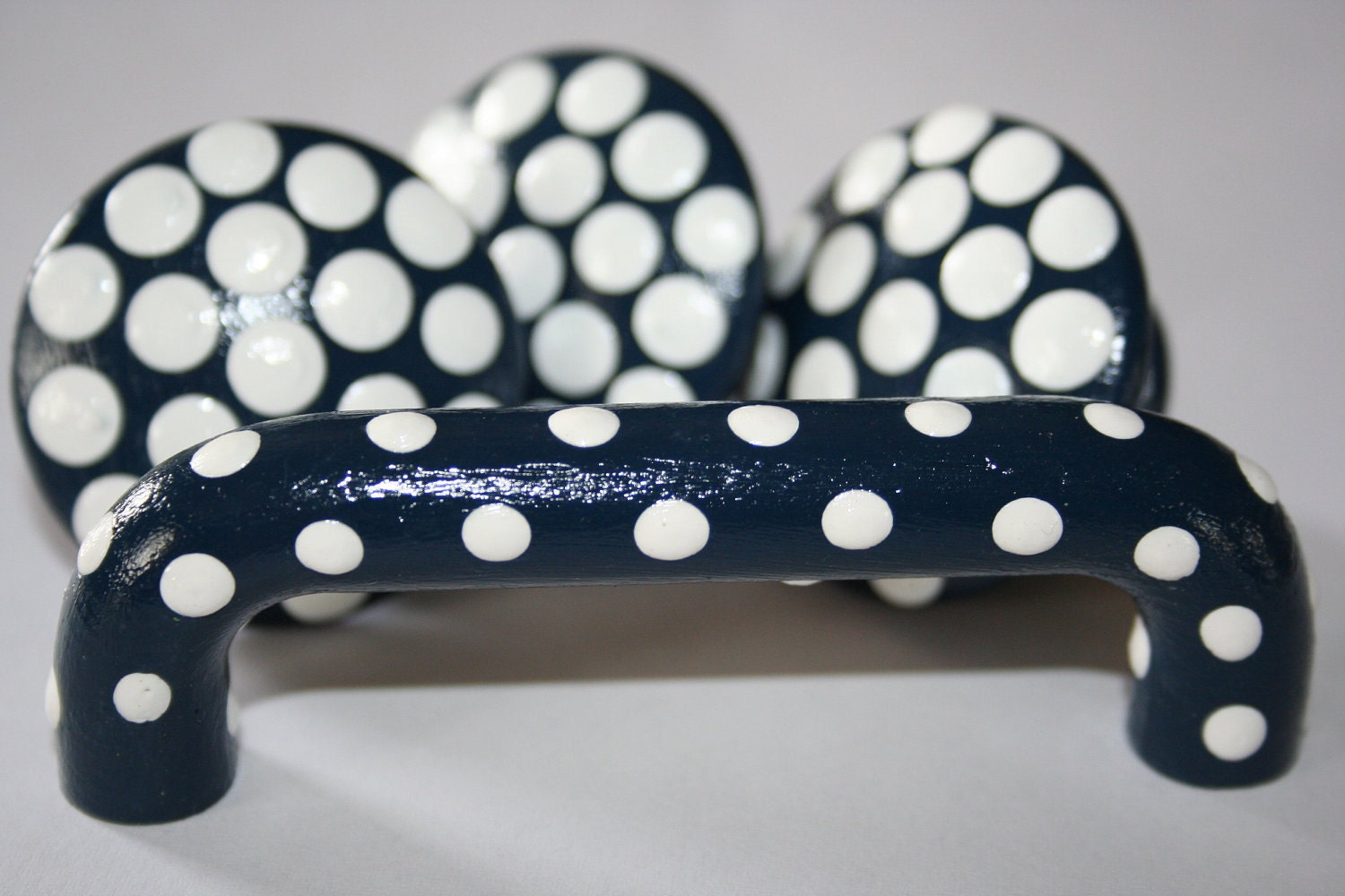 3" Navy Blue with White Polka Dot  Pull Handle-Matching Knobs and Nail Covers Available