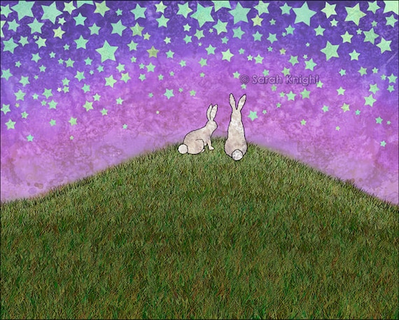 2 bunnies on a hill - signed fine art print 8X10 inches - purple green periwinkle stars