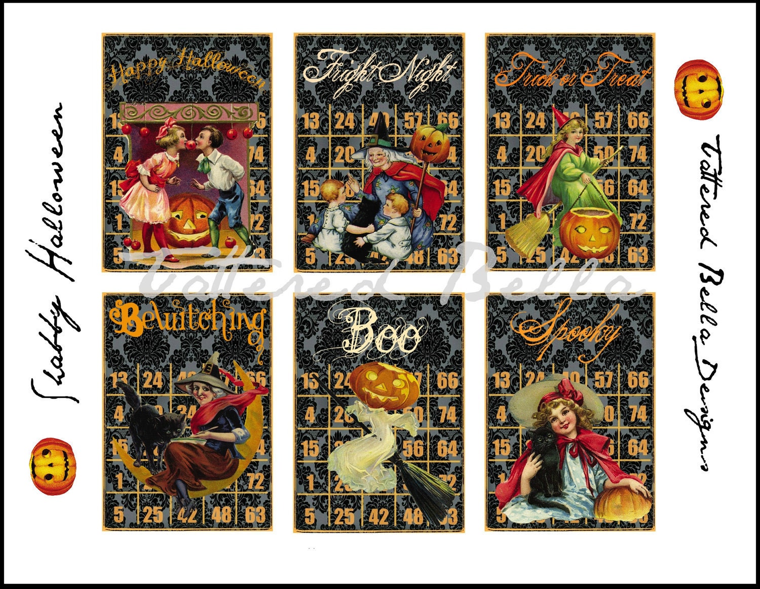 Damask Vintage  Halloween Bingo Cards ATC ACEO Collage Sheet by Tattered Bella