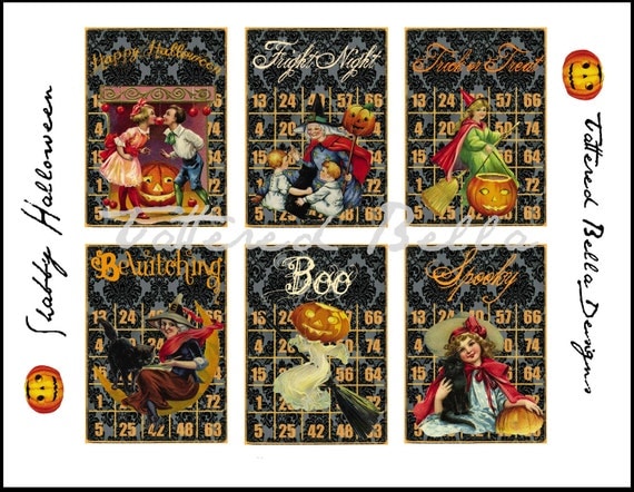 Damask Vintage  Halloween Bingo Cards ATC ACEO Collage Sheet by Tattered Bella