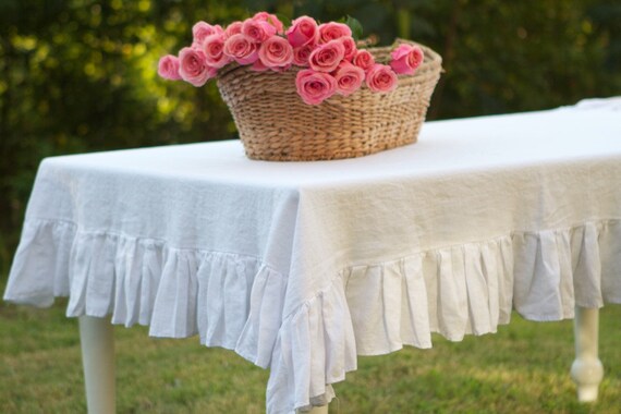 White Ruffled Linen Tablecloth- ruffledlinens