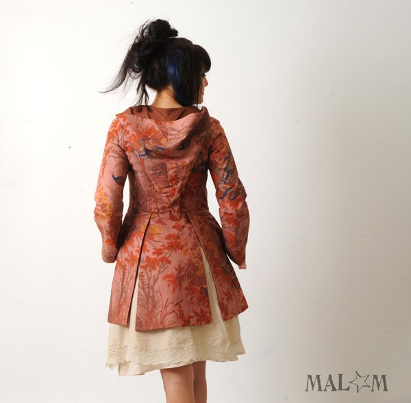 Pink Hooded Jacket  Handdyed Peacock print and lace by Malam from etsy.com