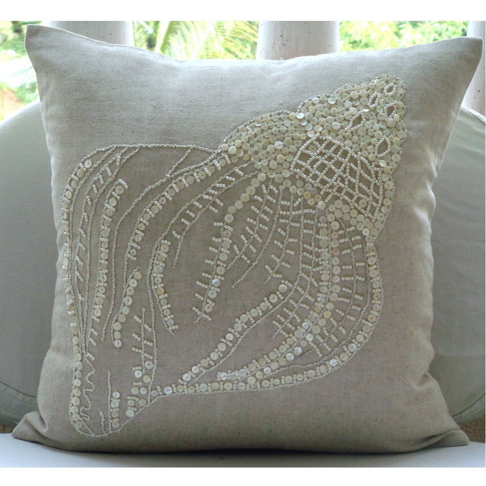 Sea Shell  - Euro Sham Covers - 26x26 Inches Linen Euro Sham Cover with Pearl Embroidery - TheHomeCentric
