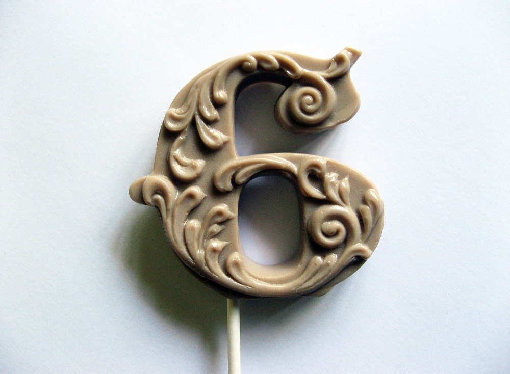 3" fancy filigree number 6 hard candy lollipops As seen in Dylan Lauren's bridal shower featured in Martha Stewart weddings May 2011