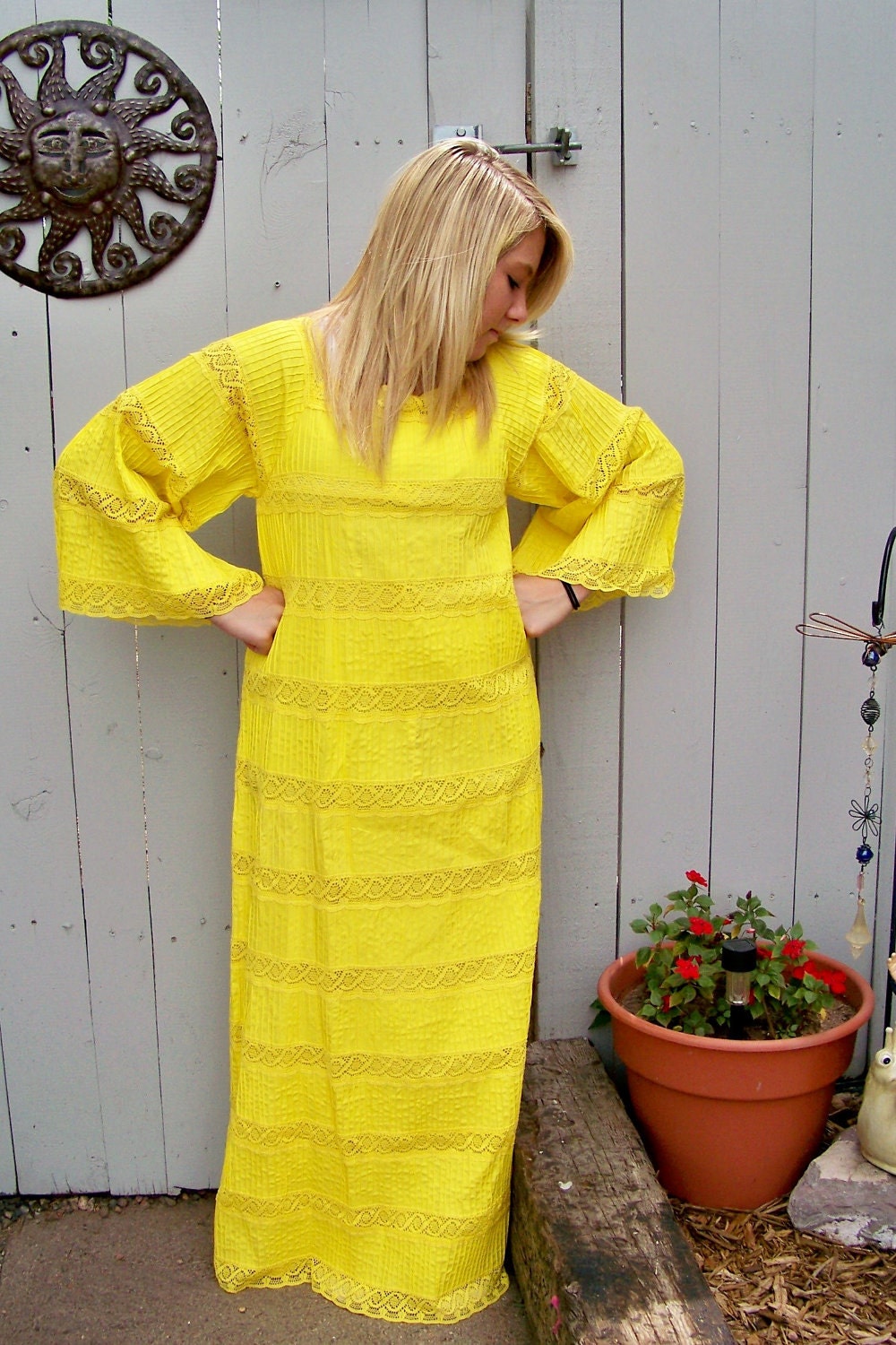 Vintage Long Full Yellow Cotton and Lace Dress with Bell Sleeves -Hippie Chic- Beautiful