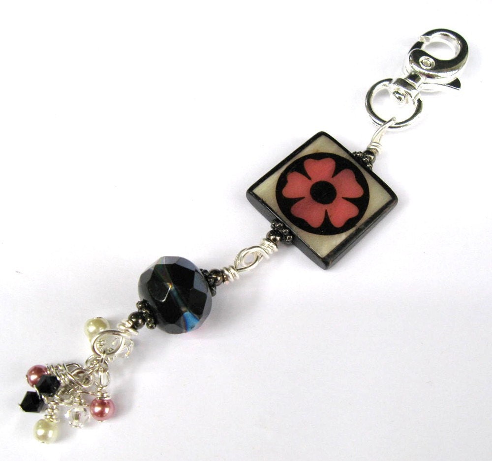 Square Funky Bone With Pink Flower Purse Charm
