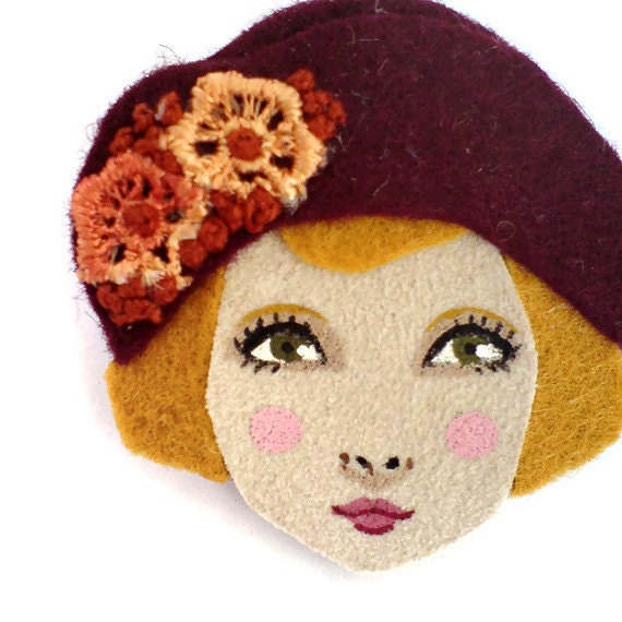 Felt brooch - Louise, 1920s Flapper, burgundy, gold, Autumn, woman face