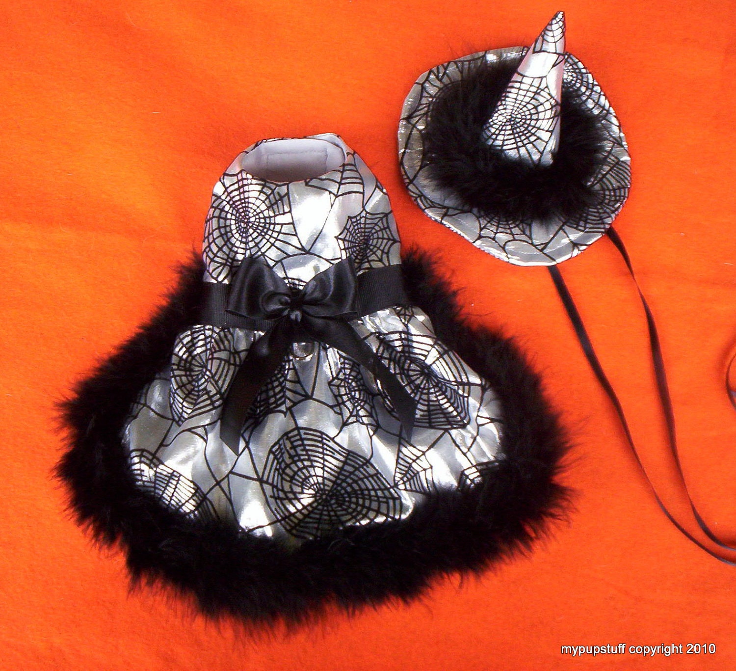 silver witches pet costume with black marabou trim silver witches pet costume with black marabou trim