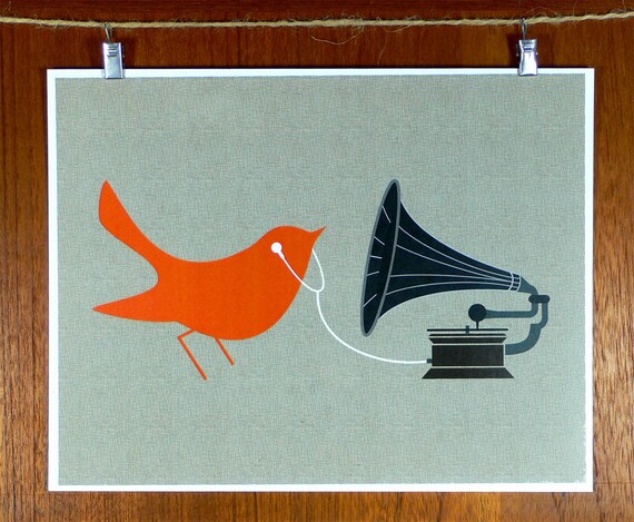 Audiophile Modern Bird with Gramophone and Earbuds - 8 x 10 Art Print (Free Shipping in US)