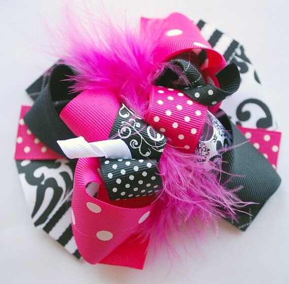 Shocking Pink & Black Diva Funky Loopy Hair Bow-