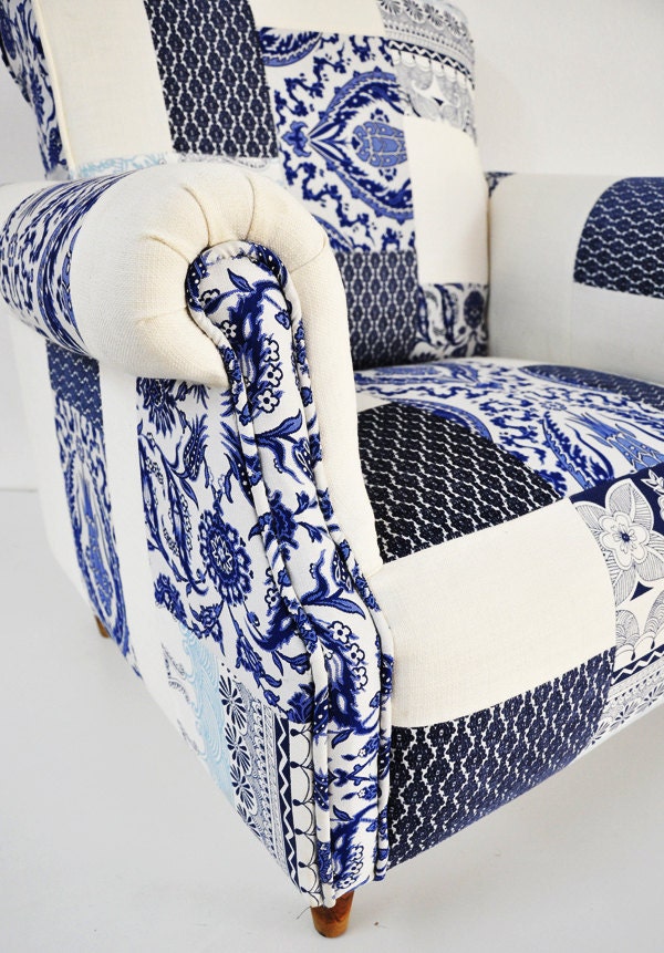blue & white porcelain patchwork armchair