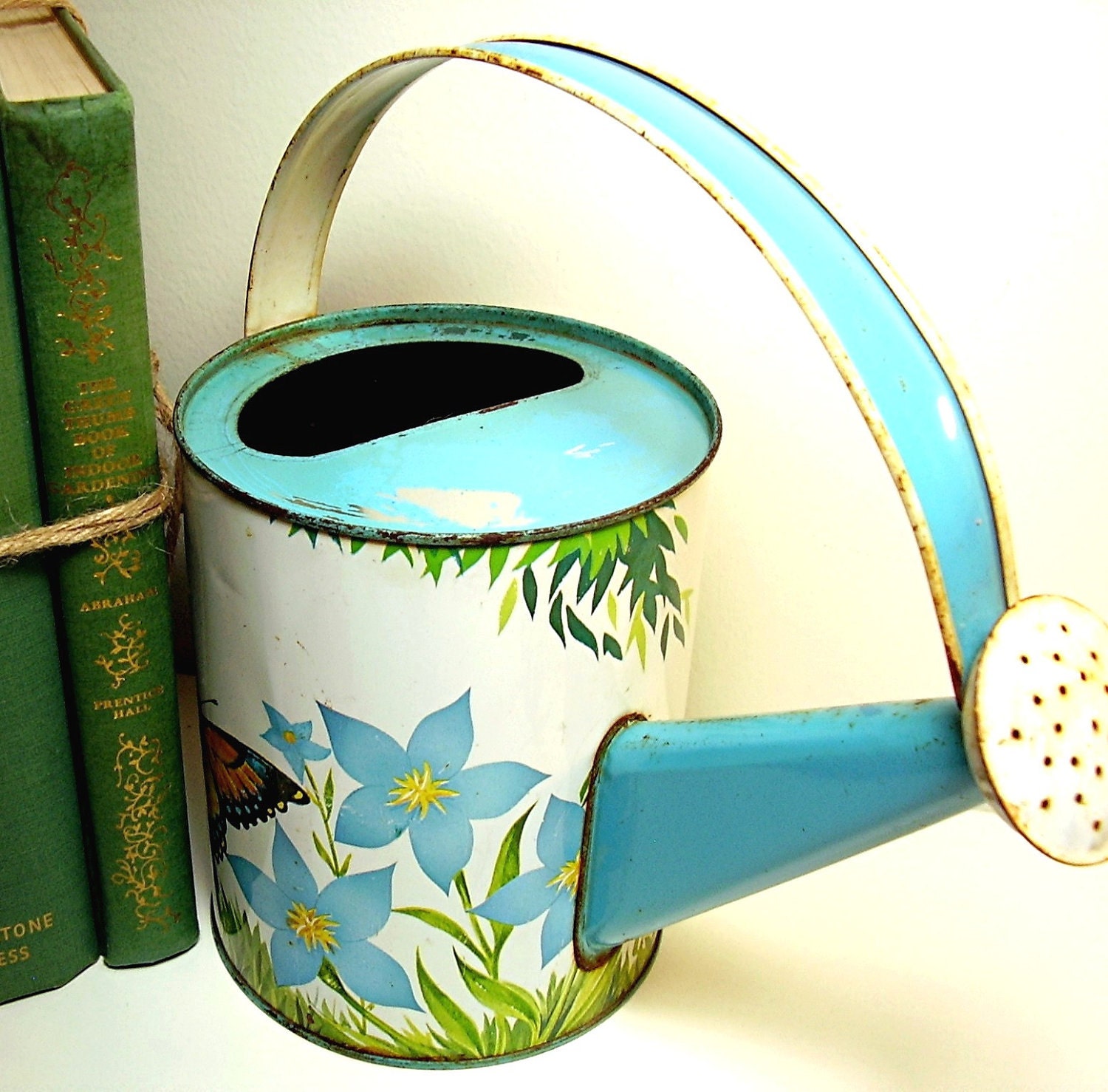 Vintage Watering Can Toy Tin Litho Gardening 1940s Shabby Chic Cottage Nursery Vintage Spring Home Decor