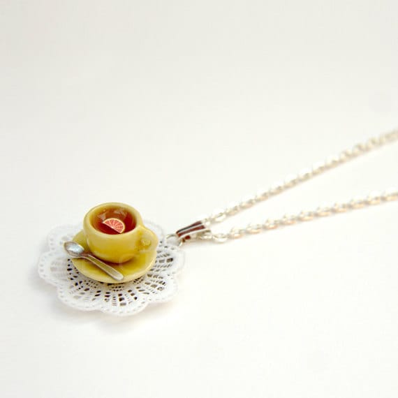 Mustard Yellow Necklace, Tea Cup Charm  With Lace Doily "La Petite", Grapefruit Juice, Miniature Food Jewelry