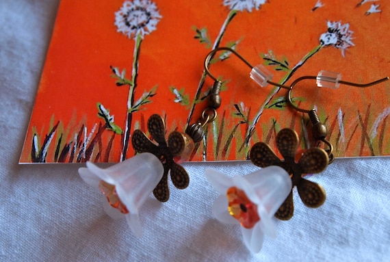 White Lily Earrings with Orange Czech Glass Flowers