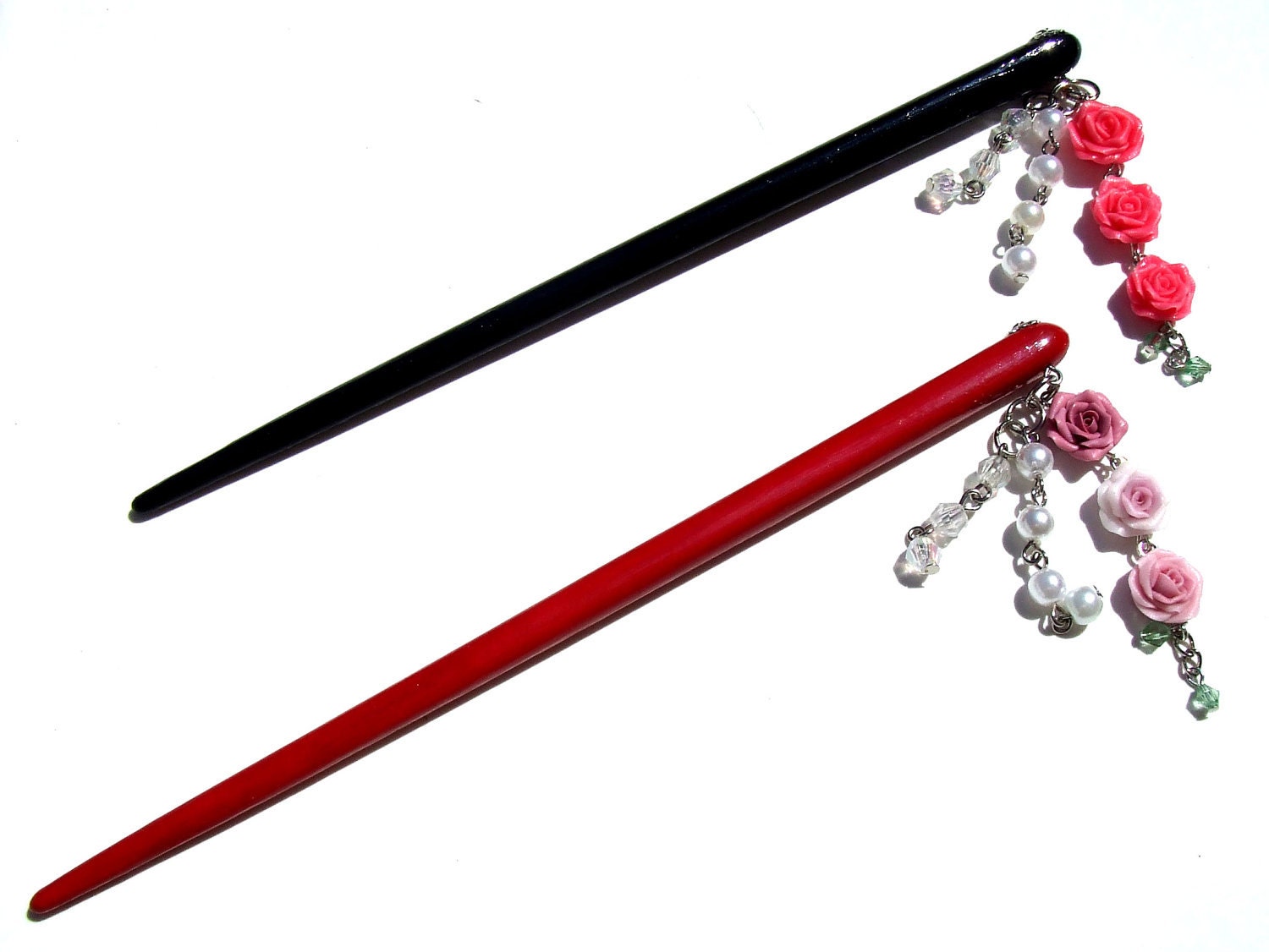 KANZASHI chopstick hair ornament with hand made rose charms and beads