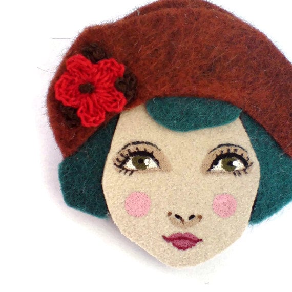 Twenties flapper girl brooch felt - Louise, auburn, teal, red, Autumn, woman face