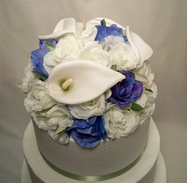 Blue Rose Calla Lily Silk Wedding Cake Topper By Ittopsthecake