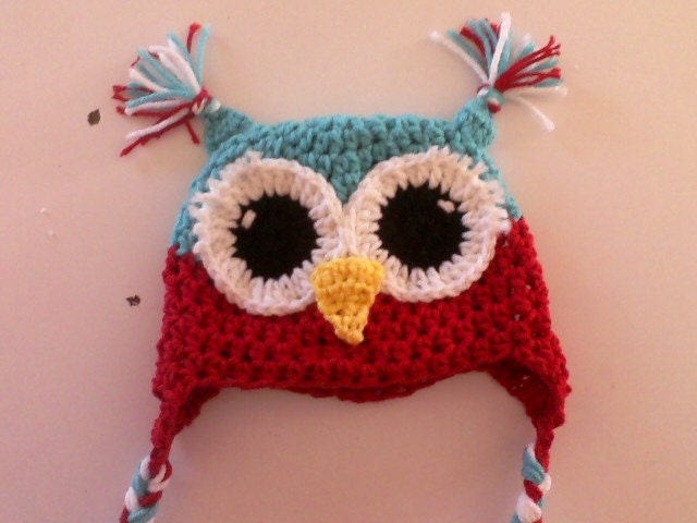 adult size Turqoise and Red Owl Hat