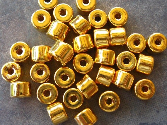 GOLD Greek Ceramic Short Tube Beads (5) LOW SHIPPING