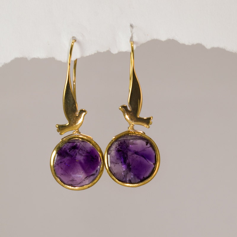 Bezel set round Amethysts and 16K Gold Plated Bird Earrings