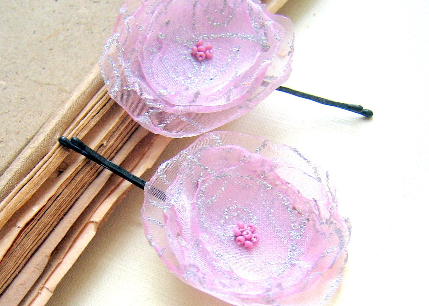Recycled Fabric Floral Hair Pins Fairy Pink with Pink Seed Beads