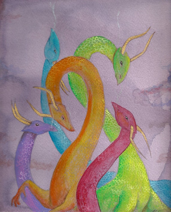Colorful Dragon Clutch Wine Acrylic Fantasy OOAK Art Painting 8x11"