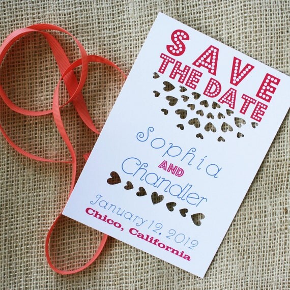 Heart Save the Date Card, Laser Cut Invitation: sweet love design, red, purple, grey, your choice of colors