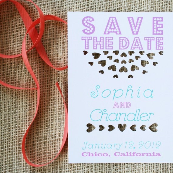 Heart Save the Date Card, Laser Cut Invitation: sweet love design, red, purple, grey, your choice of colors