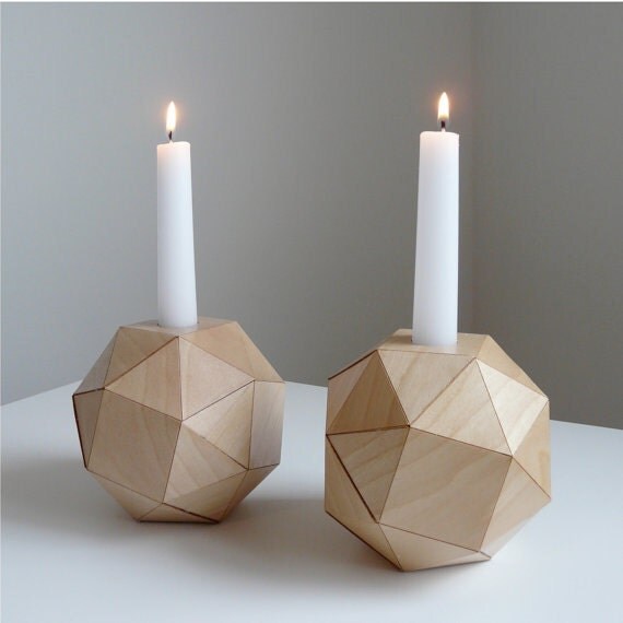 Wooden Geometric Candlestick Holders, Modern Table Top, Polyhedron Design